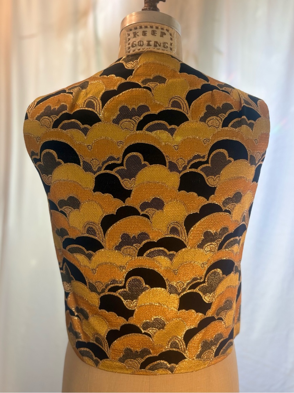 Vintage Brocade Sleeveless Vest in Gold and Black Metallic with Frog Closures - Picture 3 of 7